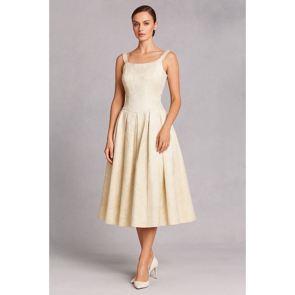 Teri Jon by Rickie Freedman Metallic Jacquard Pleated Cocktail Midi Dress Size 2